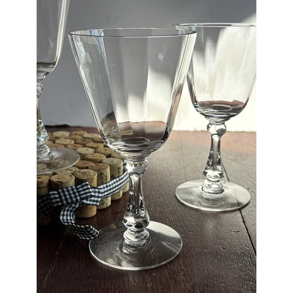 Set of 3‎ Vintage Clear Glass Paneled Wine Goblets Faceted Baluster Stem 6.25